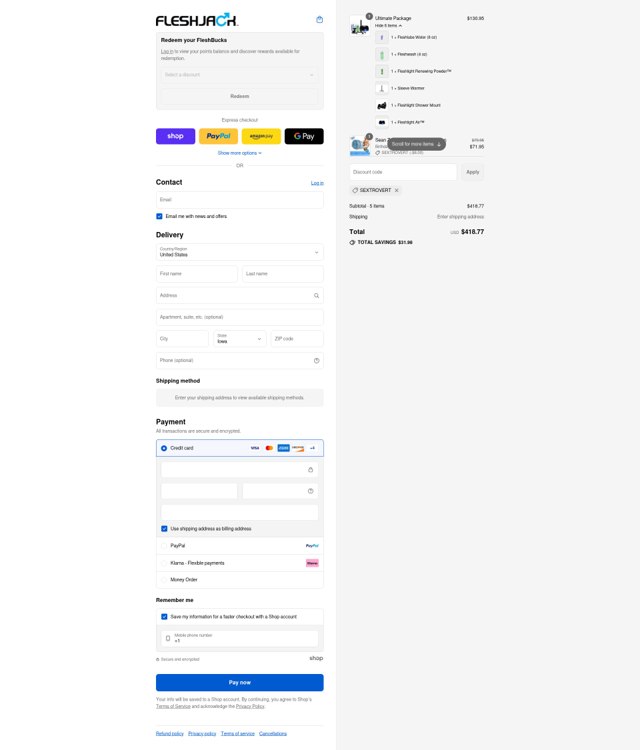 Fleshjack checkout page showing Fleshjack discount code box | Screenshot taken by SimplyCodes community member on Aug 31, 2025