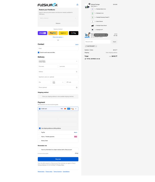 Fleshjack checkout page showing Fleshjack discount code box | Screenshot taken by SimplyCodes community member on Aug 27, 2025