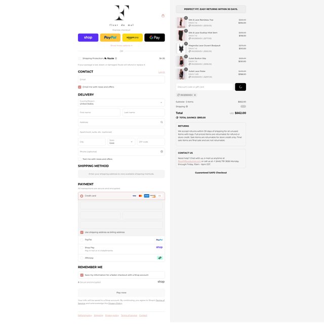 Fleur du Mal checkout page showing Fleur du Mal discount code box | Screenshot taken by SimplyCodes community member on Sep 2, 2025