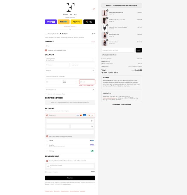 Fleur du Mal checkout page showing Fleur du Mal discount code box | Screenshot taken by SimplyCodes community member on Aug 20, 2025