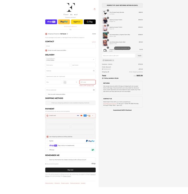 Fleur du Mal checkout page showing Fleur du Mal discount code box | Screenshot taken by SimplyCodes community member on Aug 4, 2025
