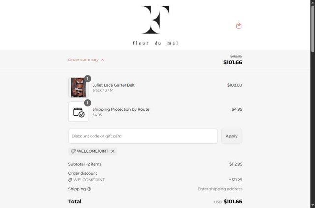 Fleur du Mal checkout page showing Fleur du Mal discount code box | Screenshot taken by SimplyCodes community member on Aug 26, 2025