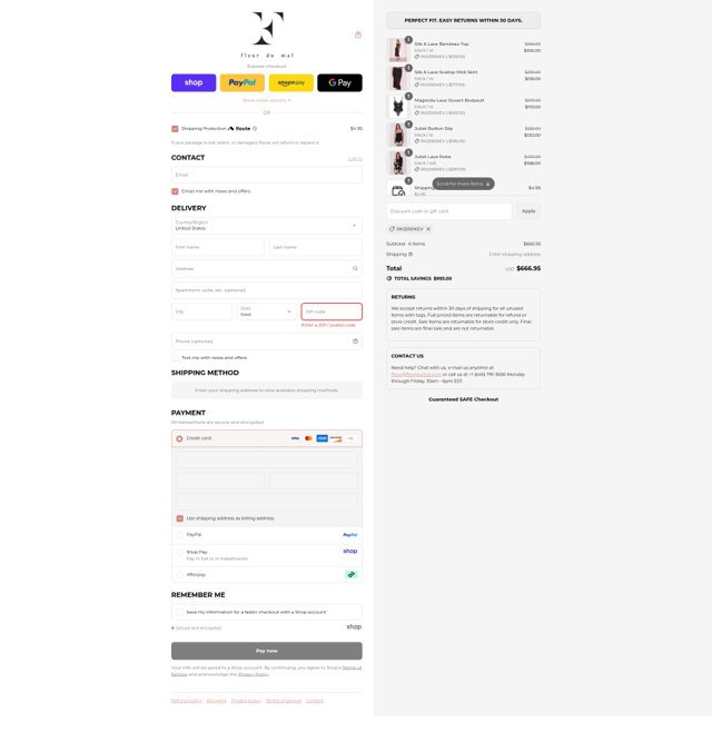 Fleur du Mal checkout page showing Fleur du Mal discount code box | Screenshot taken by SimplyCodes community member on Aug 29, 2025