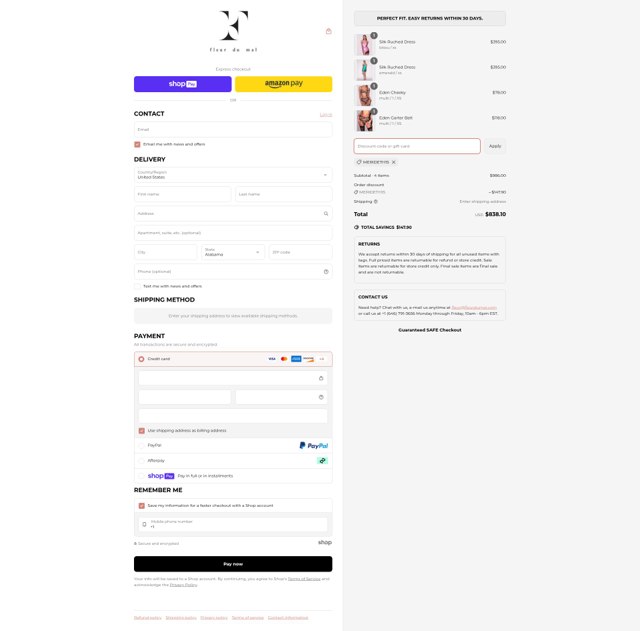 Fleur du Mal checkout page showing Fleur du Mal discount code box | Screenshot taken by SimplyCodes community member on May 21, 2025