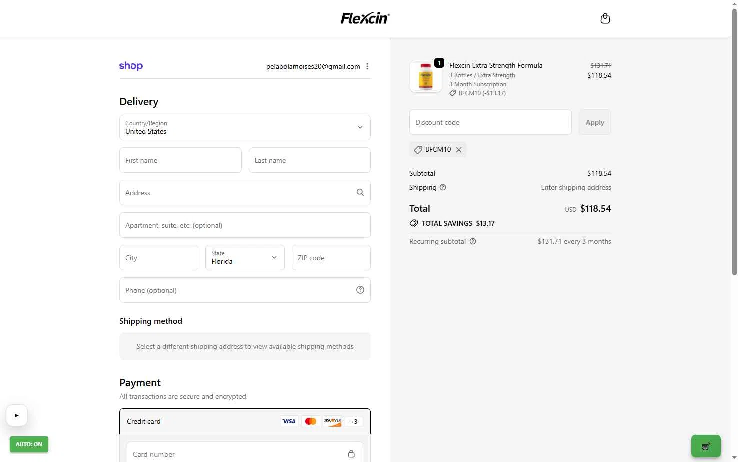 Flexcin checkout page showing Flexcin coupon code box | Screenshot taken by SimplyCodes community member on Jan 9, 2026