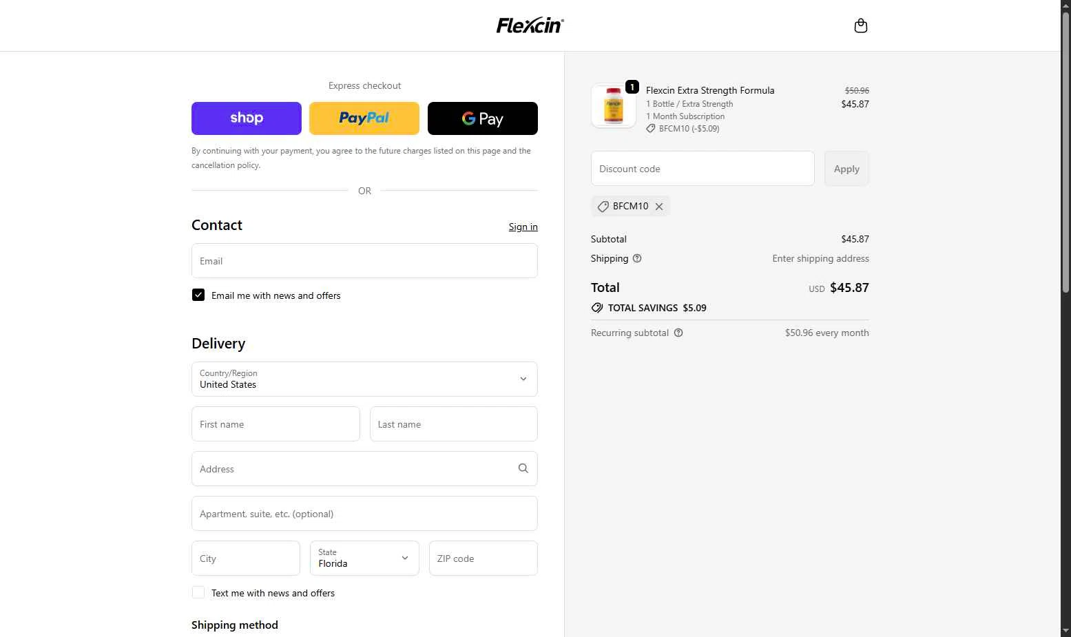 Flexcin checkout page showing Flexcin coupon code box | Screenshot taken by SimplyCodes community member on Nov 12, 2025