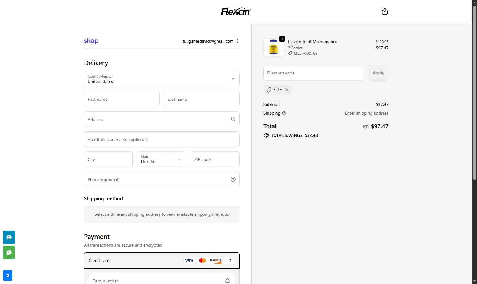 Flexcin checkout page showing Flexcin coupon code box | Screenshot taken by SimplyCodes community member on Oct 21, 2025