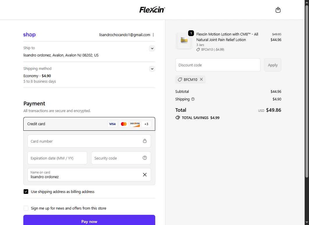 Flexcin checkout page showing Flexcin coupon code box | Screenshot taken by SimplyCodes community member on Dec 11, 2025