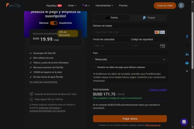 FlexClip checkout page showing FlexClip coupon code box | Screenshot taken by SimplyCodes community member on Aug 31, 2025