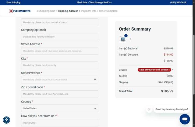 Fleximounts checkout page showing Fleximounts coupon code box | Screenshot taken by SimplyCodes community member on Jun 8, 2025