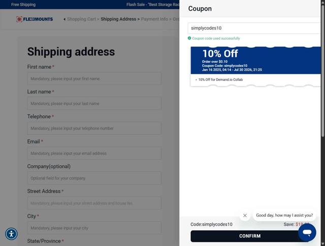 Fleximounts checkout page showing Fleximounts coupon code box | Screenshot taken by SimplyCodes community member on Sep 2, 2025