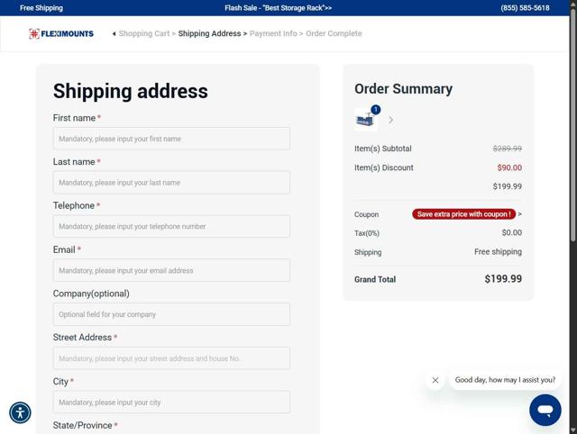 Fleximounts checkout page showing Fleximounts coupon code box | Screenshot taken by SimplyCodes community member on Sep 12, 2025