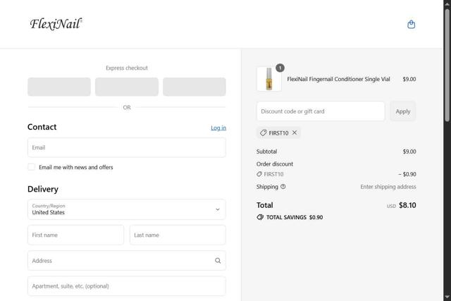 FlexiNail checkout page showing FlexiNail promo code box | Screenshot taken by SimplyCodes community member on Aug 29, 2025