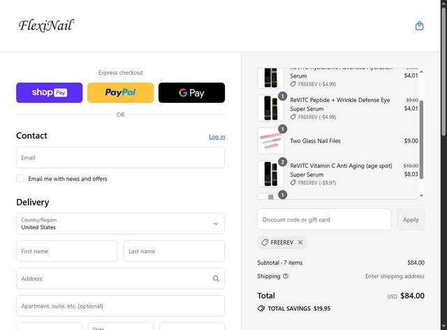 FlexiNail checkout page showing FlexiNail promo code box | Screenshot taken by SimplyCodes community member on Aug 16, 2025