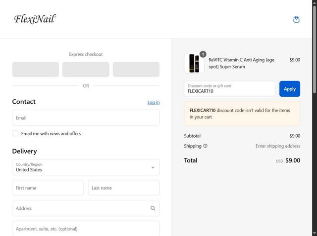 FlexiNail checkout page showing FlexiNail promo code box | Screenshot taken by SimplyCodes community member on Aug 29, 2025