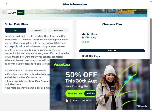 FLEXIROAM checkout page showing FLEXIROAM promo code box | Screenshot taken by SimplyCodes community member on Aug 28, 2025
