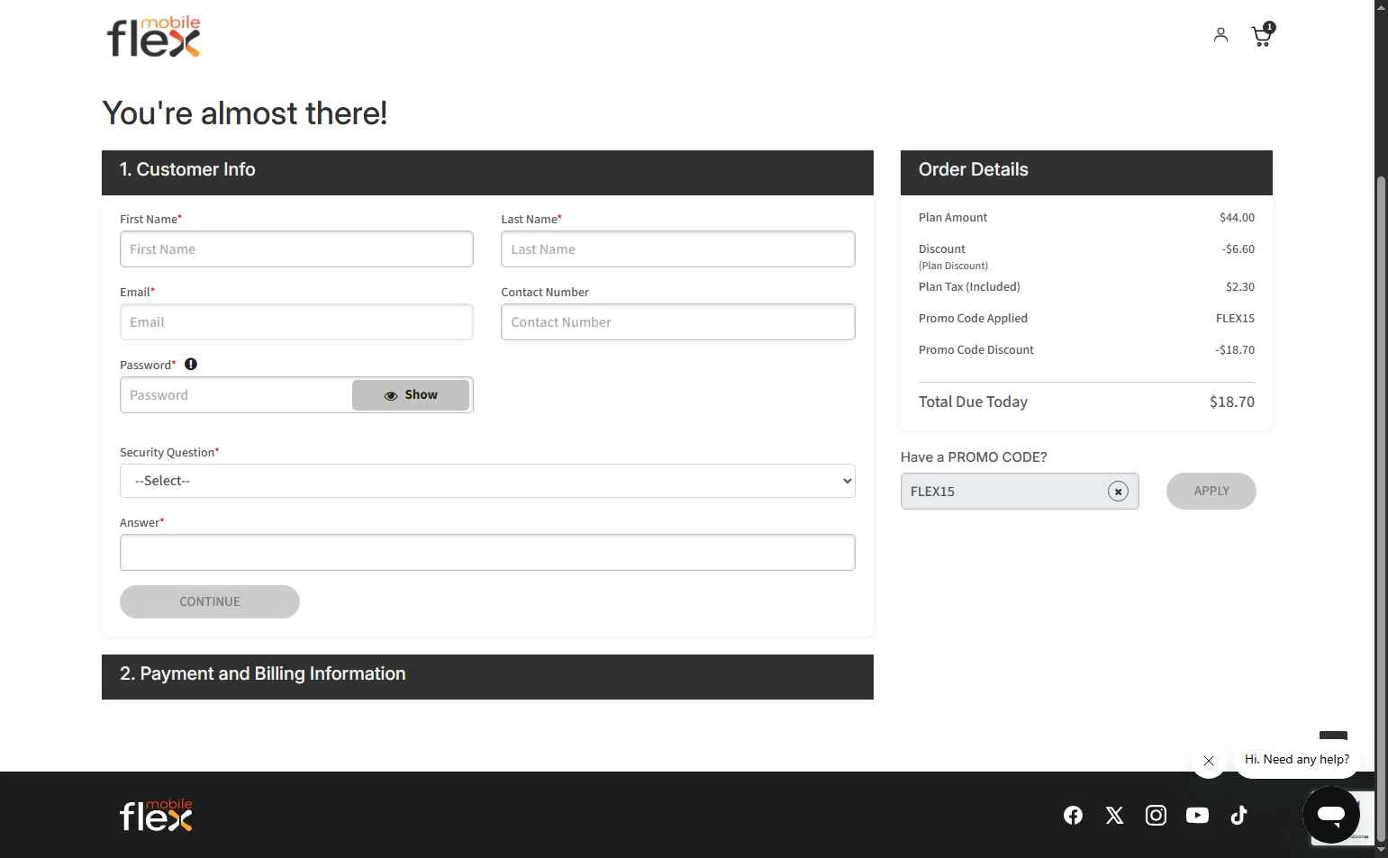 Flex Mobile checkout page showing Flex Mobile promo code box | Screenshot taken by SimplyCodes community member on Oct 11, 2025