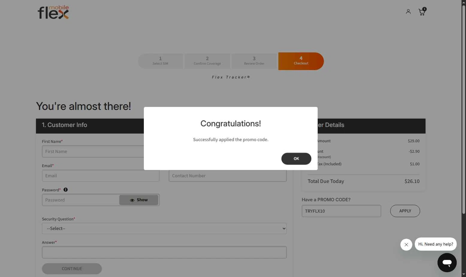 Flex Mobile checkout page showing Flex Mobile promo code box | Screenshot taken by SimplyCodes community member on Nov 27, 2025