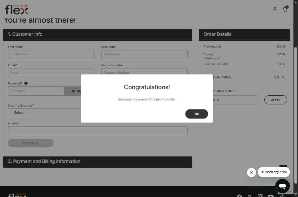 Flex Mobile checkout page showing Flex Mobile promo code box | Screenshot taken by SimplyCodes community member on Oct 23, 2025