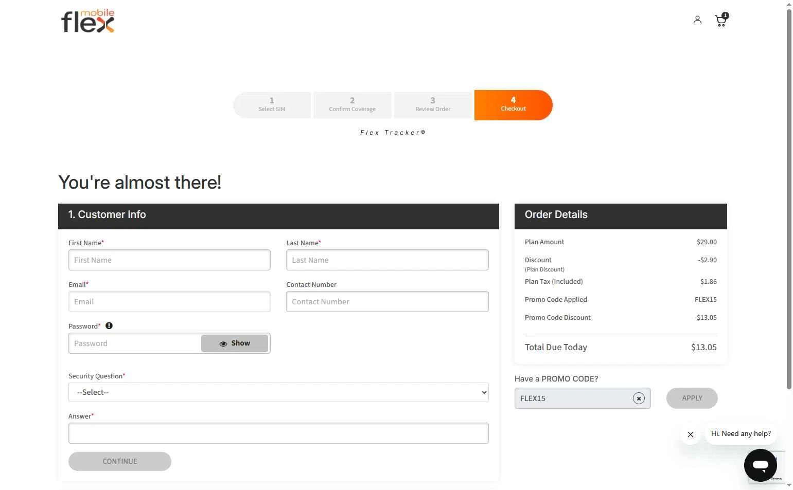 Flex Mobile checkout page showing Flex Mobile promo code box | Screenshot taken by SimplyCodes community member on Oct 11, 2025
