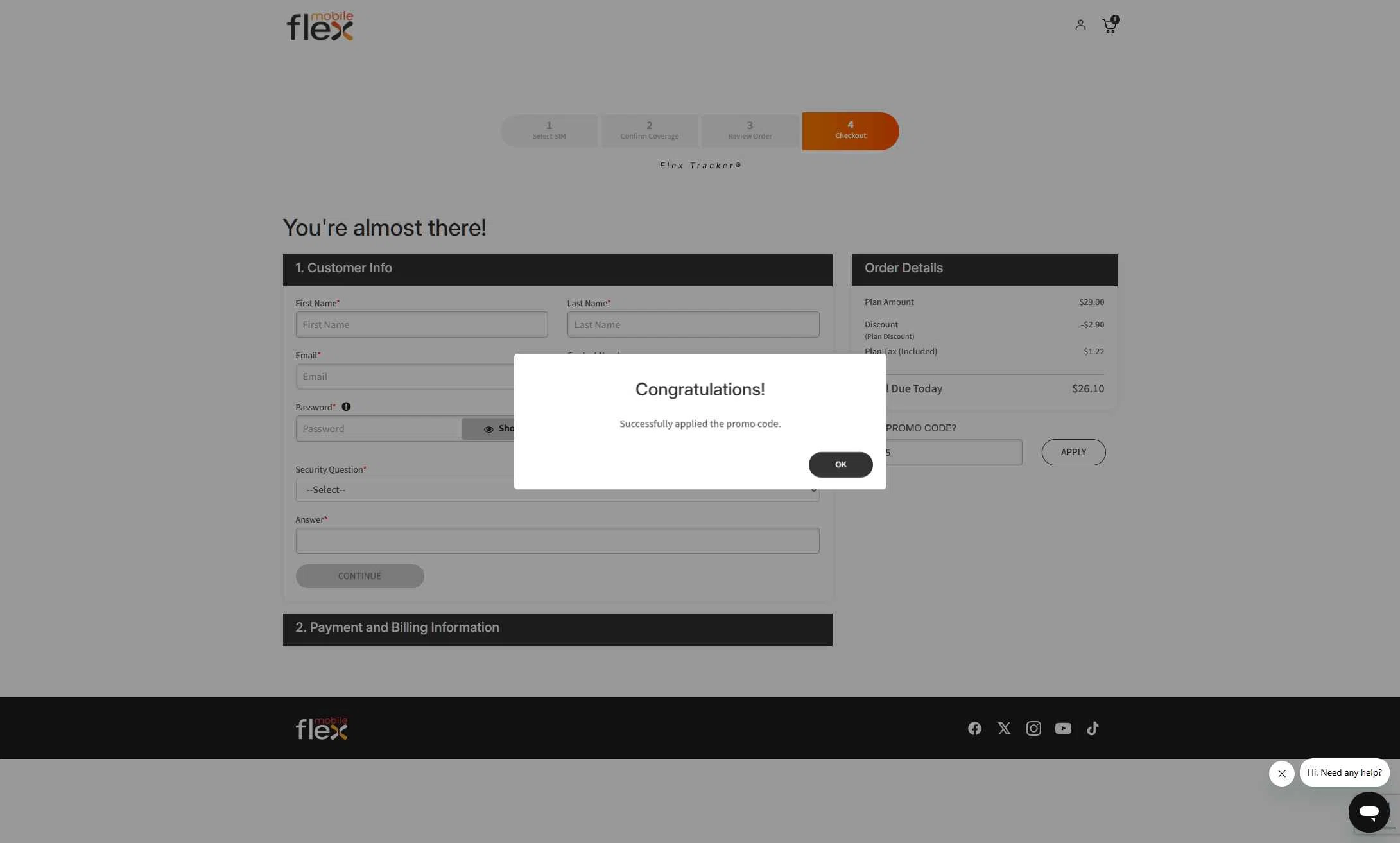 Flex Mobile checkout page showing Flex Mobile promo code box | Screenshot taken by SimplyCodes community member on Dec 27, 2025