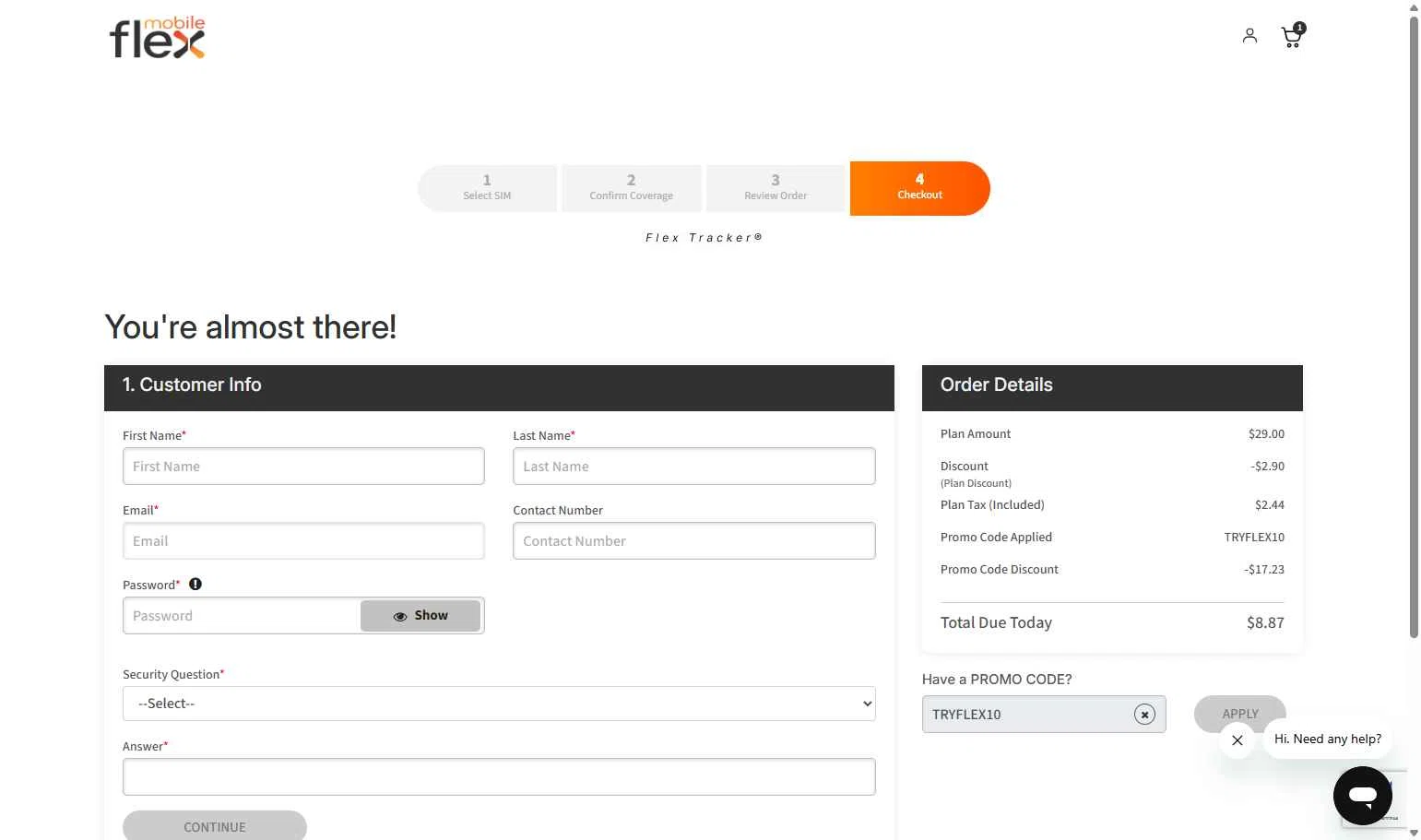 Flex Mobile checkout page showing Flex Mobile promo code box | Screenshot taken by SimplyCodes community member on Oct 23, 2025