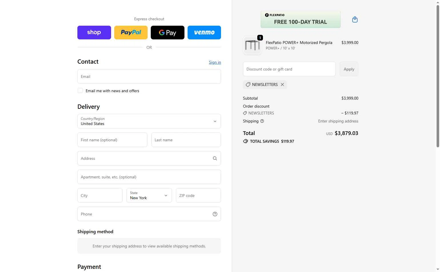 FlexPatio checkout page showing FlexPatio promo code box | Screenshot taken by SimplyCodes community member on Jan 9, 2026