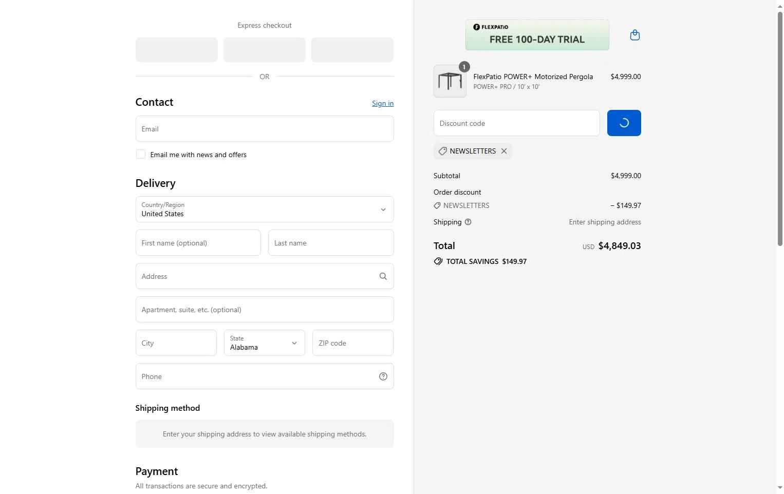 FlexPatio checkout page showing FlexPatio promo code box | Screenshot taken by SimplyCodes community member on Sep 15, 2025