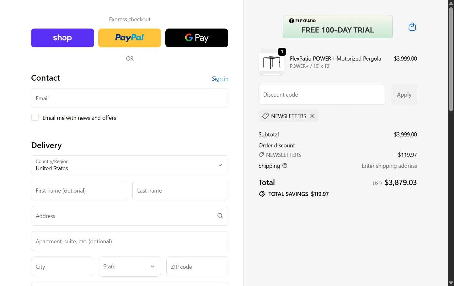 FlexPatio checkout page showing FlexPatio promo code box | Screenshot taken by SimplyCodes community member on Nov 12, 2025