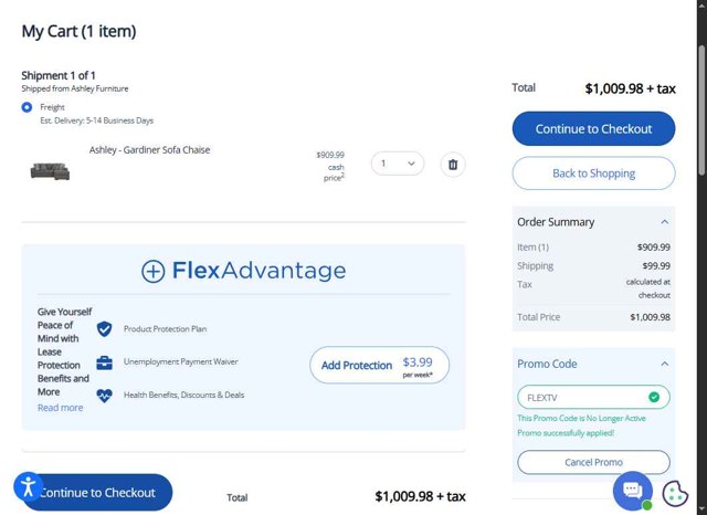 FlexShopper.com checkout page showing FlexShopper.com promo code box | Screenshot taken by SimplyCodes community member on Sep 4, 2025