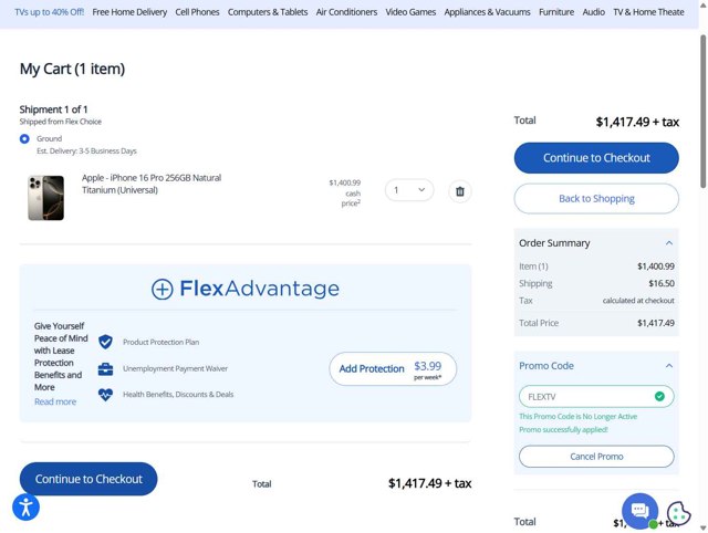 FlexShopper.com checkout page showing FlexShopper.com promo code box | Screenshot taken by SimplyCodes community member on Sep 4, 2025