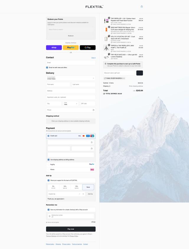 Flextailgear checkout page showing Flextailgear promo code box | Screenshot taken by SimplyCodes community member on Sep 13, 2025