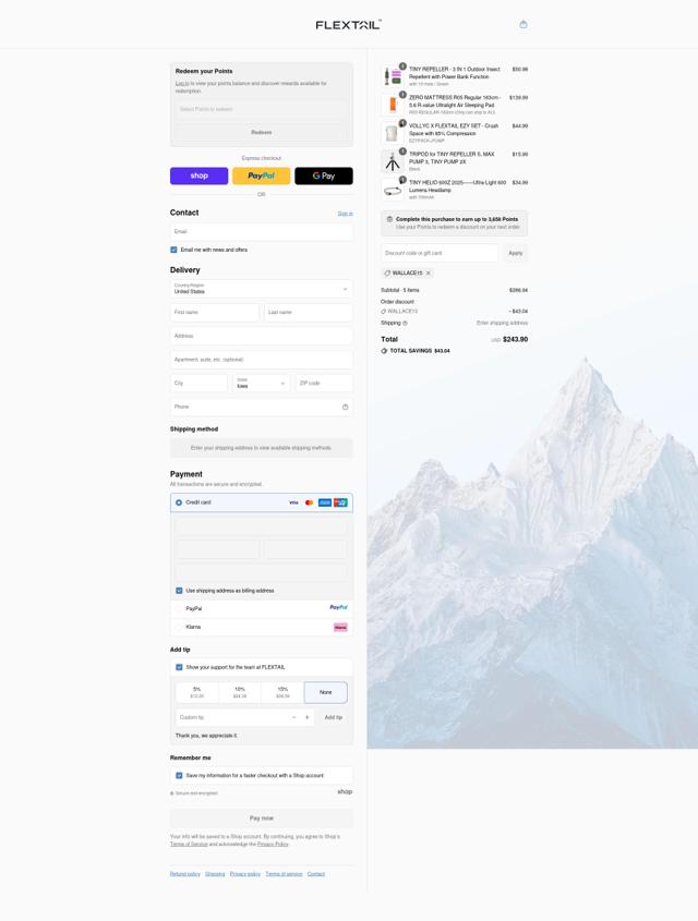 Flextailgear checkout page showing Flextailgear promo code box | Screenshot taken by SimplyCodes community member on Sep 13, 2025