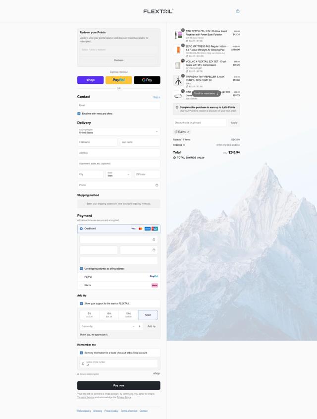 Flextailgear checkout page showing Flextailgear promo code box | Screenshot taken by SimplyCodes community member on Sep 13, 2025