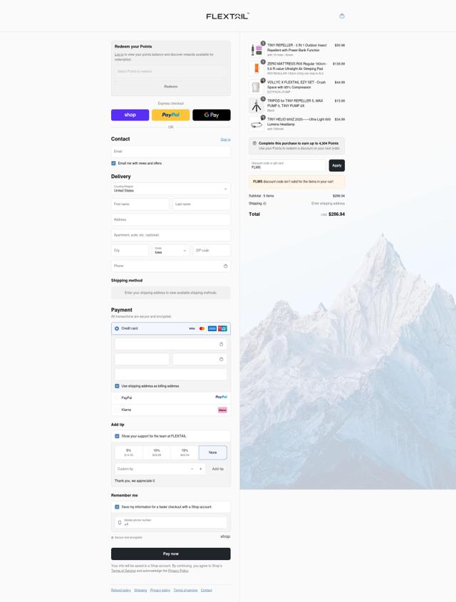 Flextailgear checkout page showing Flextailgear promo code box | Screenshot taken by SimplyCodes community member on Sep 13, 2025