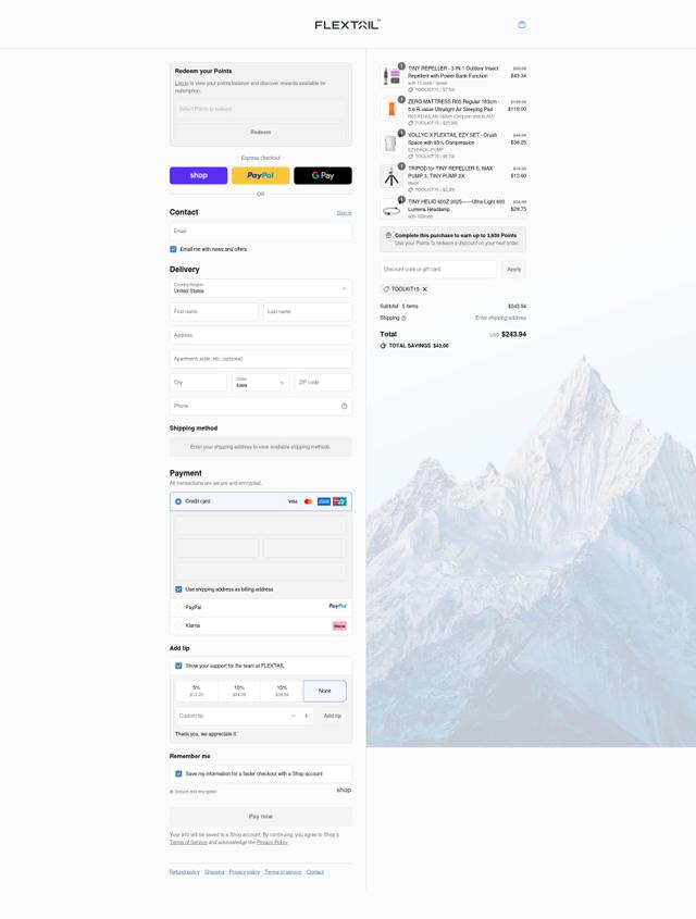 Flextailgear checkout page showing Flextailgear promo code box | Screenshot taken by SimplyCodes community member on Sep 13, 2025