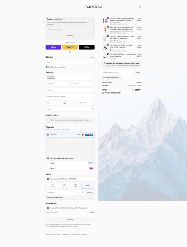 Flextailgear checkout page showing Flextailgear promo code box | Screenshot taken by SimplyCodes community member on Sep 13, 2025
