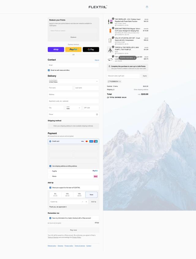 Flextailgear checkout page showing Flextailgear promo code box | Screenshot taken by SimplyCodes community member on Sep 13, 2025