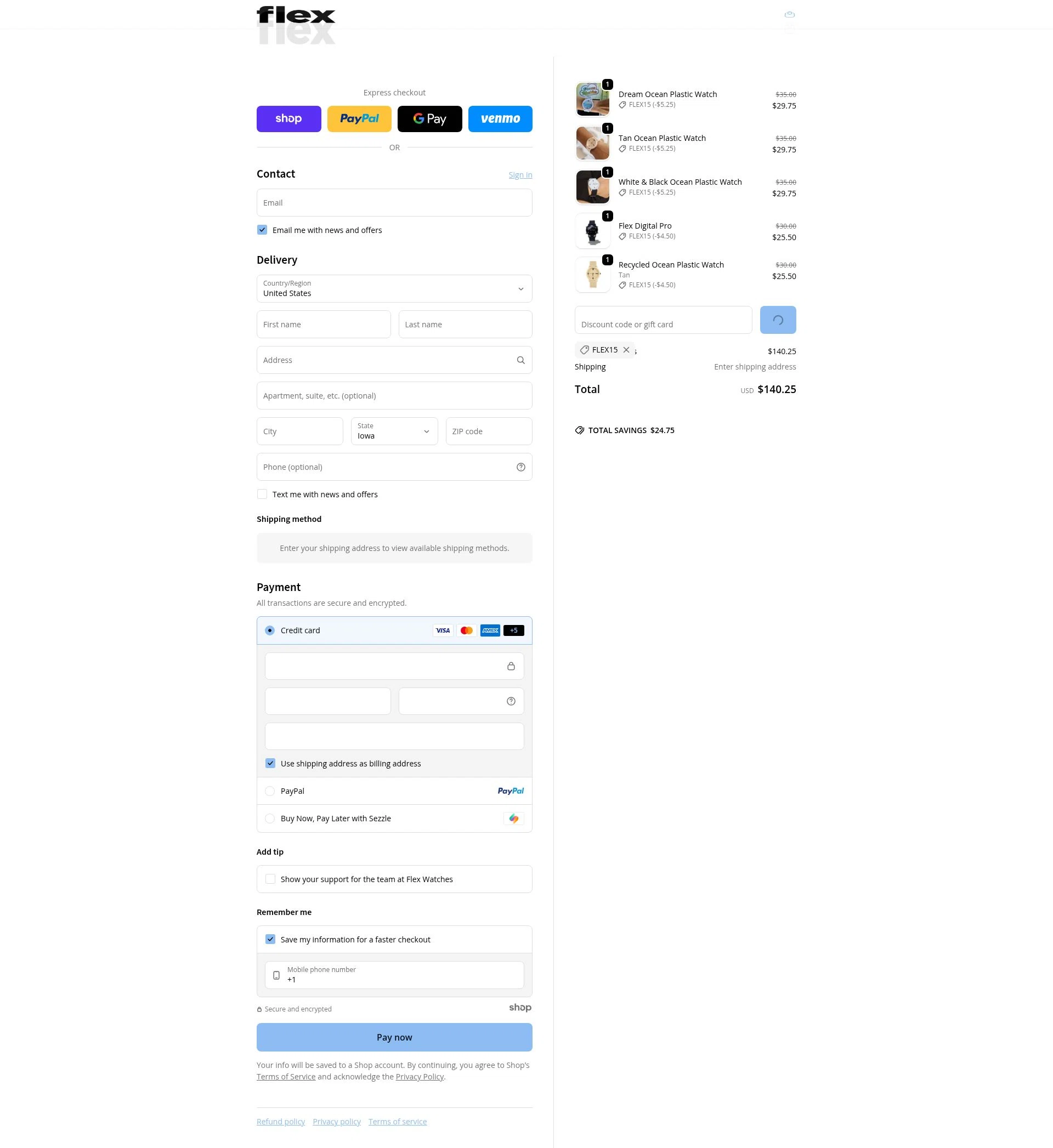 Flex Watches checkout page showing Flex Watches promo code box | Screenshot taken by SimplyCodes community member on Dec 29, 2025