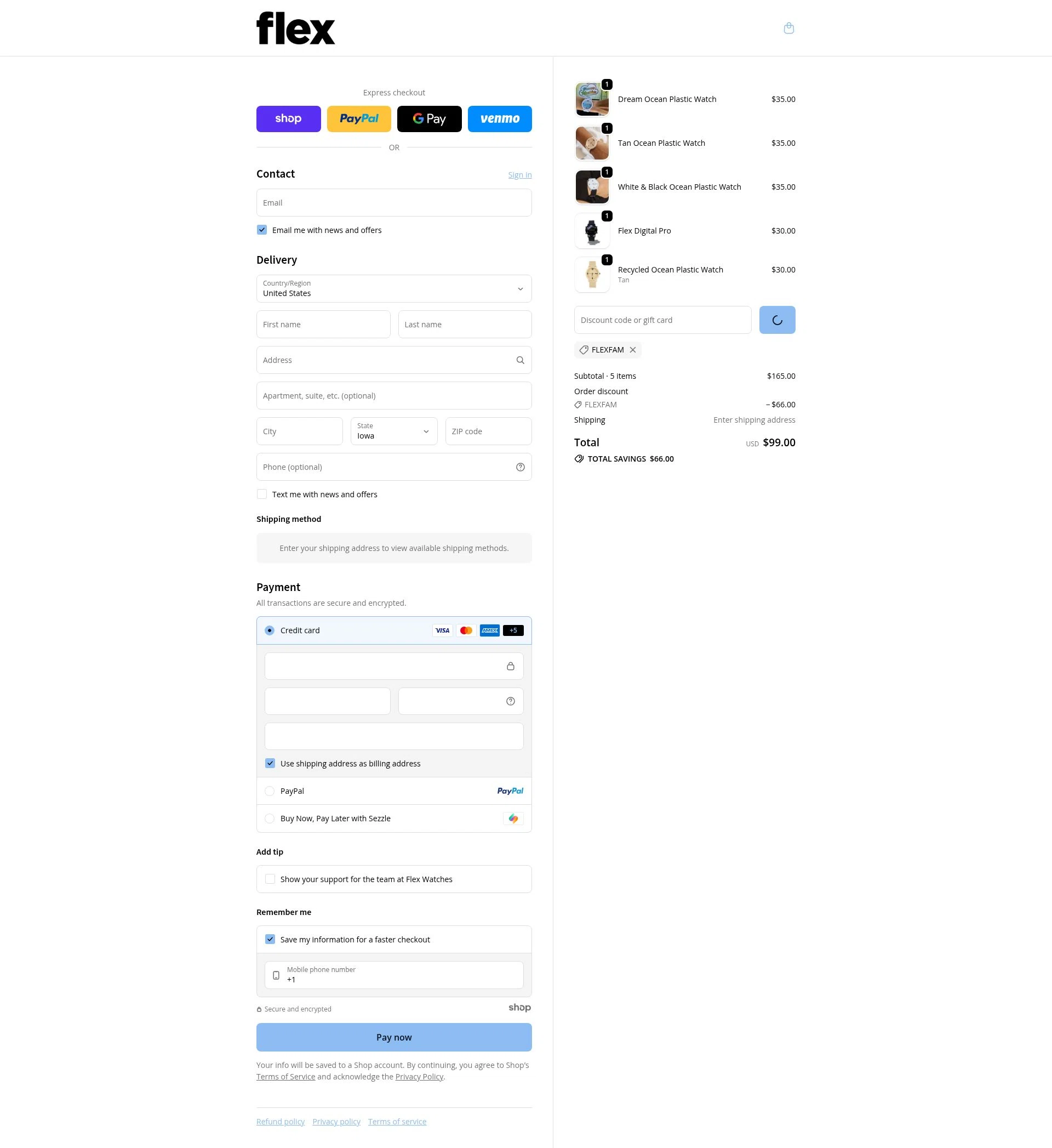 Flex Watches checkout page showing Flex Watches promo code box | Screenshot taken by SimplyCodes community member on Dec 29, 2025