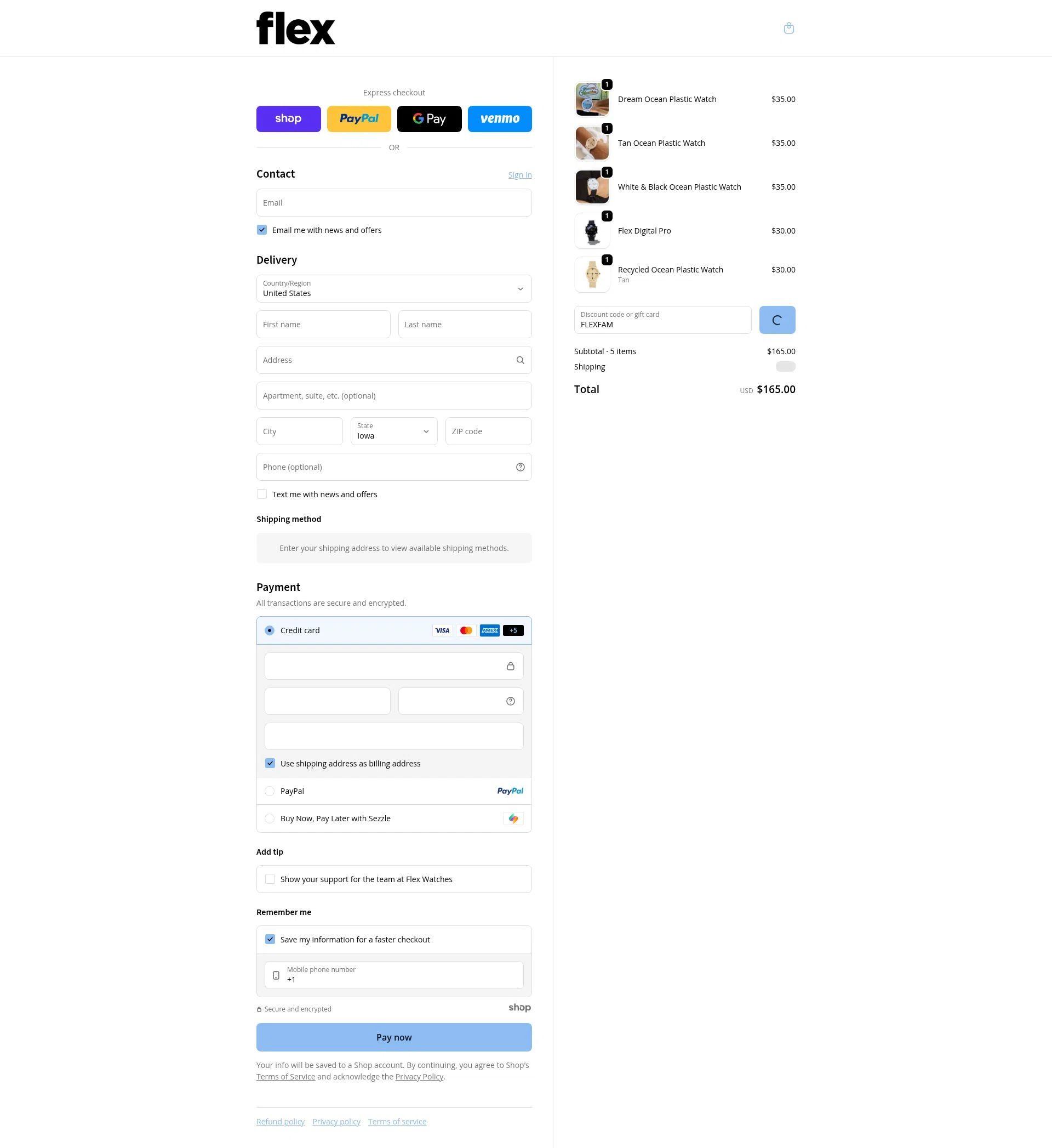 Flex Watches checkout page showing Flex Watches promo code box | Screenshot taken by SimplyCodes community member on Dec 24, 2025