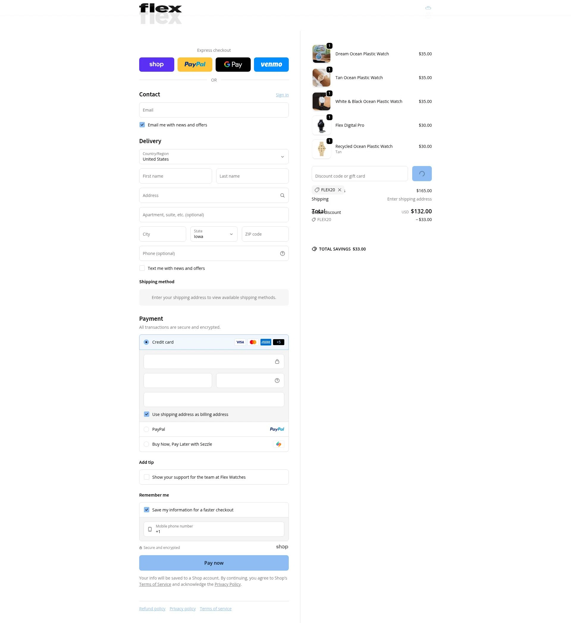 Flex Watches checkout page showing Flex Watches promo code box | Screenshot taken by SimplyCodes community member on Dec 29, 2025