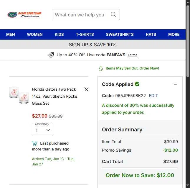 Florida Gators Shop checkout page showing Florida Gators Shop coupon code box | Screenshot taken by SimplyCodes community member on Dec 26, 2025