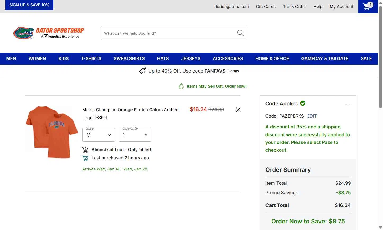 Florida Gators Shop checkout page showing Florida Gators Shop coupon code box | Screenshot taken by SimplyCodes community member on Dec 26, 2025