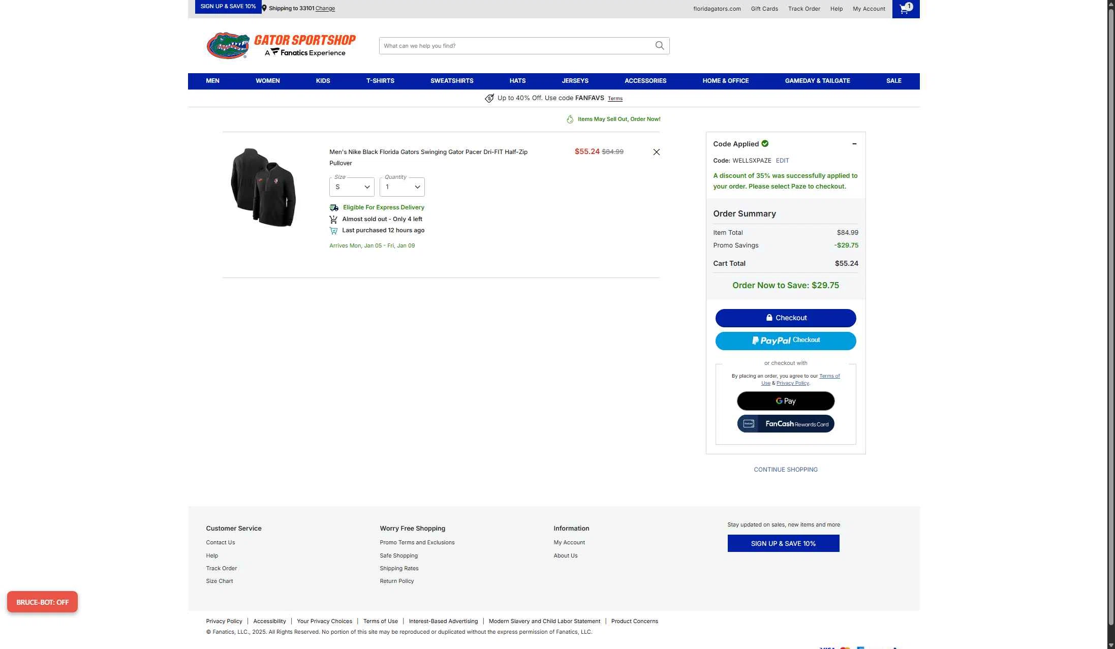 Florida Gators Shop checkout page showing Florida Gators Shop coupon code box | Screenshot taken by SimplyCodes community member on Dec 30, 2025