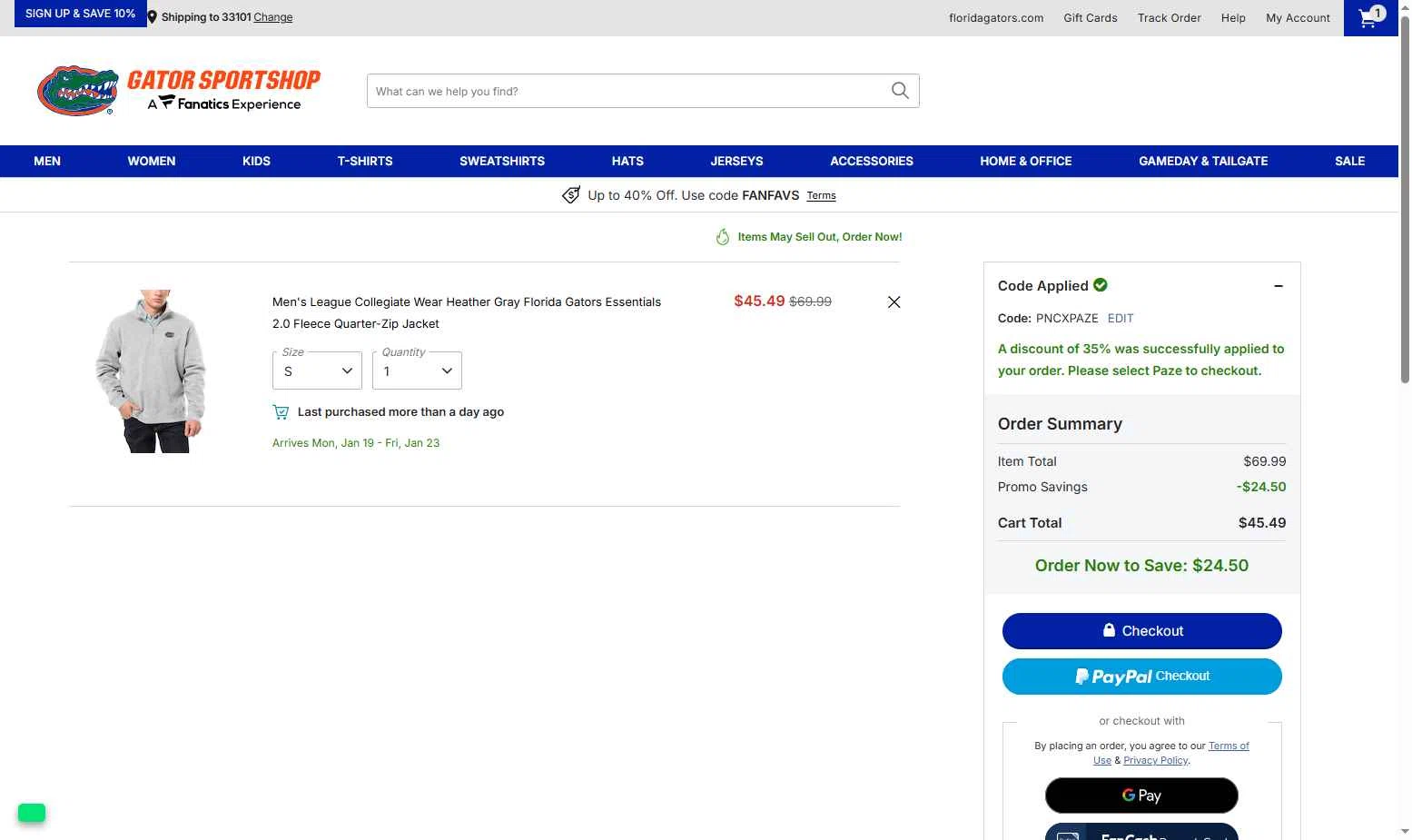 Florida Gators Shop checkout page showing Florida Gators Shop coupon code box | Screenshot taken by SimplyCodes community member on Dec 30, 2025