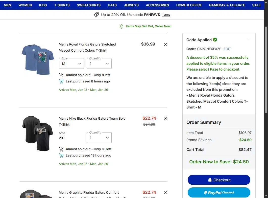 Florida Gators Shop checkout page showing Florida Gators Shop coupon code box | Screenshot taken by SimplyCodes community member on Dec 22, 2025