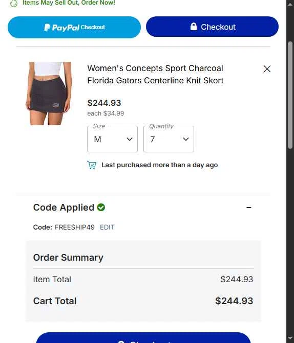 Florida Gators Shop checkout page showing Florida Gators Shop coupon code box | Screenshot taken by SimplyCodes community member on Jan 2, 2026