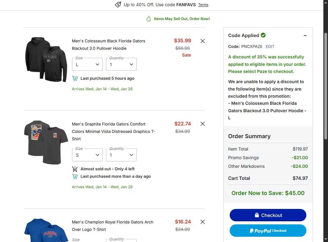 Florida Gators Shop checkout page showing Florida Gators Shop coupon code box | Screenshot taken by SimplyCodes community member on Dec 30, 2025