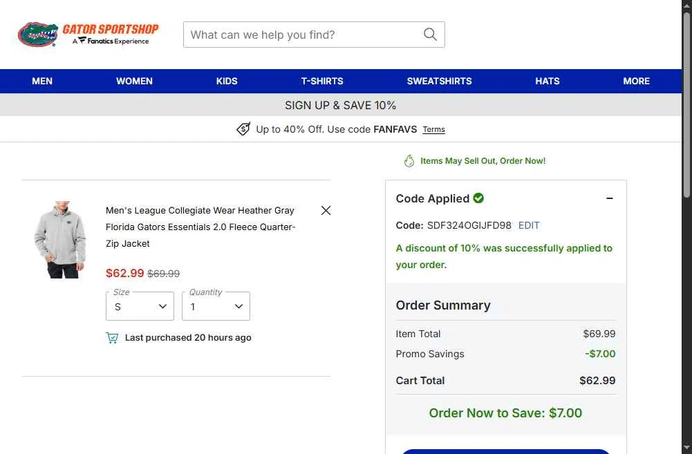 Florida Gators Shop checkout page showing Florida Gators Shop coupon code box | Screenshot taken by SimplyCodes community member on Dec 26, 2025